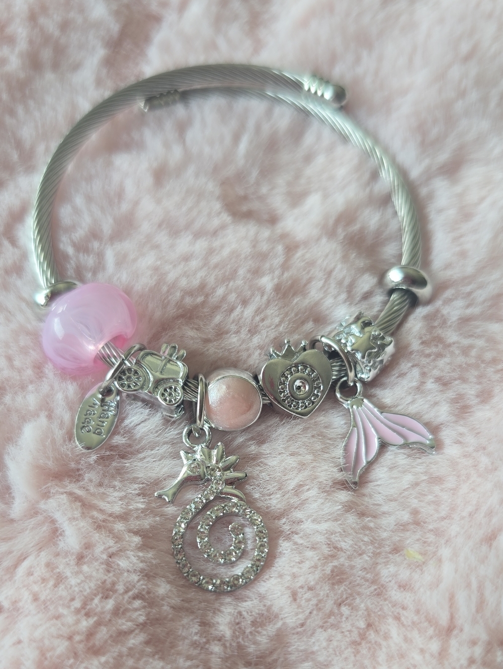 Pink Seaside Charm Bracelet with Seahorse and Shell Charms